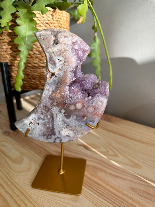 Pink amethyst moon on stand