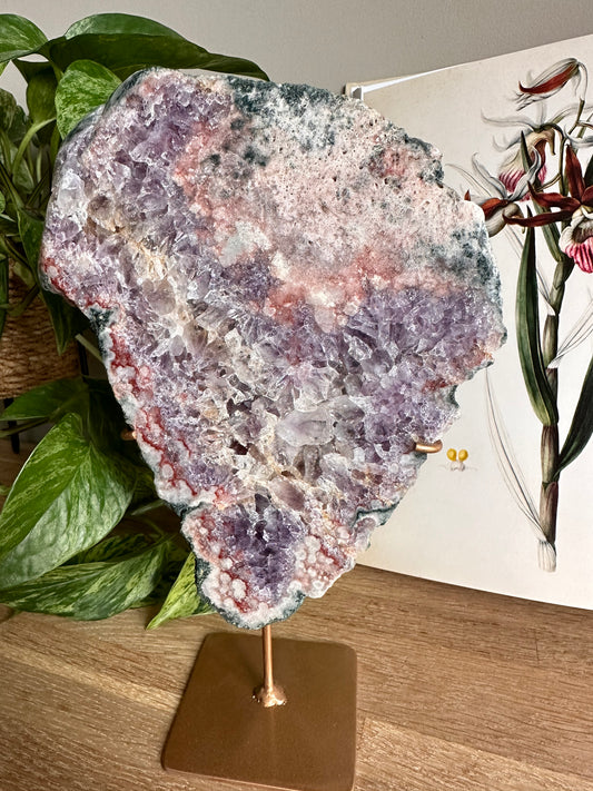 pink- purple amethyst slab on stand